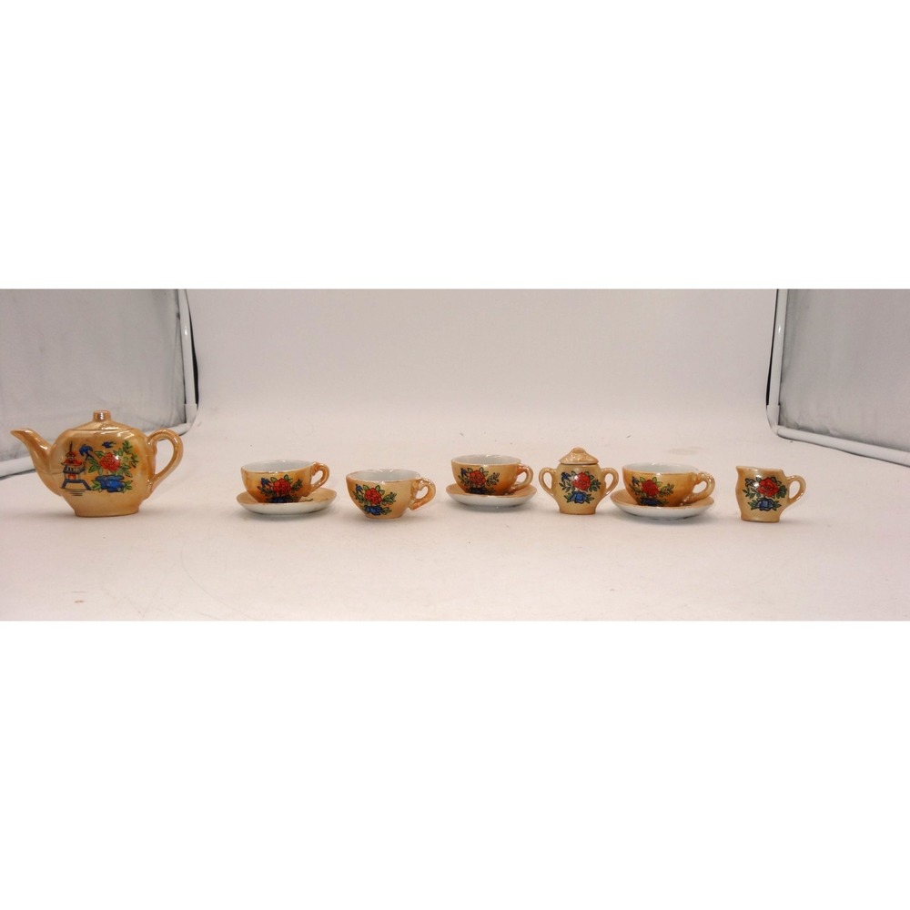 Vintage Lusterware Childs Floral Porcelain 10 Piece Orange/Peach &‎ Blue TeaSet